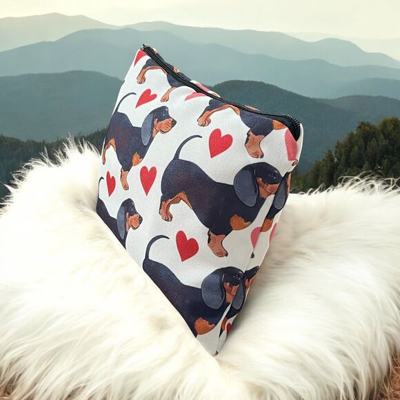 Dachshund Doxie and Hearts Print Cosmetic Bag: Polyester with Zipper Closure - Picture 2 of 4